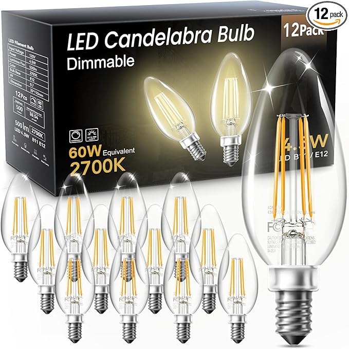 VOLIVO Dimmable E12 LED Candelabra Bulbs 60Watt Equivalent, 2700K Warm White, 500Lumens, 4.5W B11 Vintage Chandelier Light Bulbs, LED Filament Clear Glass Candle Lamp for Ceiling Fan Home, 12Pack
