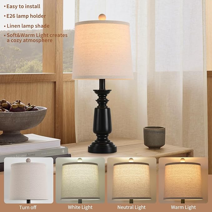 Terpsichore Lamps Set of 2 Modern Farmhouse Table Lamp Bedside Reading Lights Living Room End Lamps Bedroom Night Light,High 22.5 Inch,Matte Black,with Fabric Lamp Shade,Bulb Not Included
