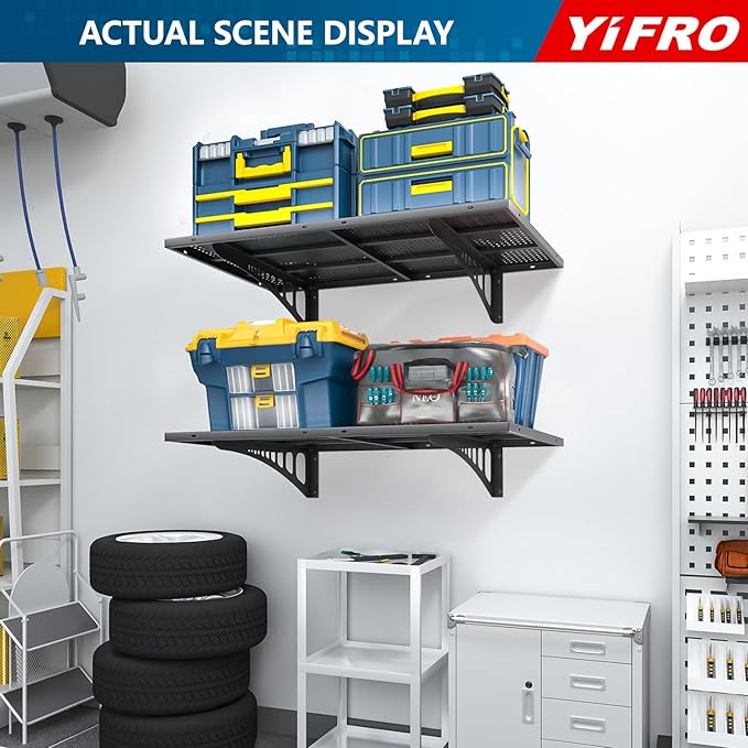 4-Pack 2x3ft Heavy Duty Garage Wall Shelving, 1000 lbs Load Capacity, Garage Shelving Wall Mounted, Garage Storage Rack with Hooks, Black