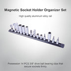 Magnetic Socket Holder Organizer Set:3/8-Inch Drive Socket Trays Socket, 360° Swivel 14 Clips Socket Holder Kit, For Automotive Mechanic Garage (Black)