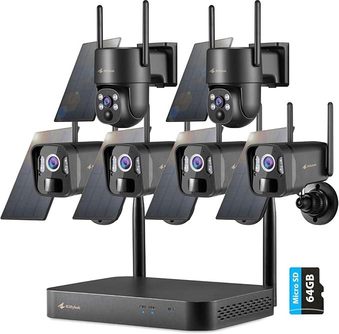 Kittyhok Wireless Solar Security Camera System | 4pcs Bullet Solar Camera, 2pcs PT Solar Security Camera Outdoor, Solar Power, Human Detection, Spotlight, 10CH NVR, Local Storage, No Monthly Fees
