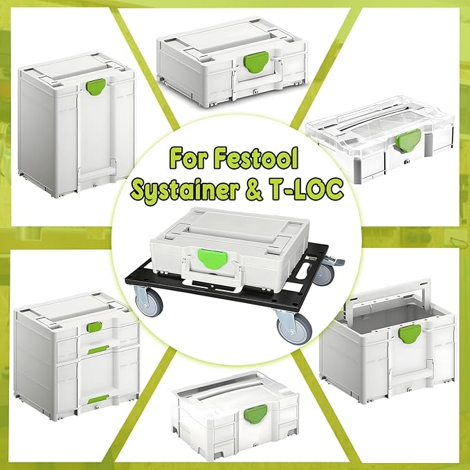 Metal Roll Board for Festool with 4 Rollers, Black Systainer Cart for Festool for Easy Transport of Systainer & T-Loc System, Rolling Board for Festool with Feedthroughs for Straps