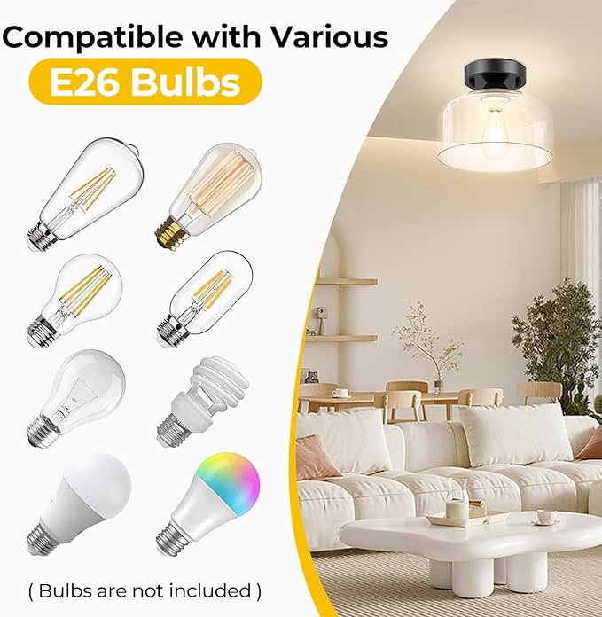 Semi Flush Mount Ceiling Light - Clear Glass Pendant Lamp Shade, Matte Black Finish, Modern Farmhouse Light Fixture for Hallway Corridor Kitchen Entryway Bedroom, Bulb Not Included