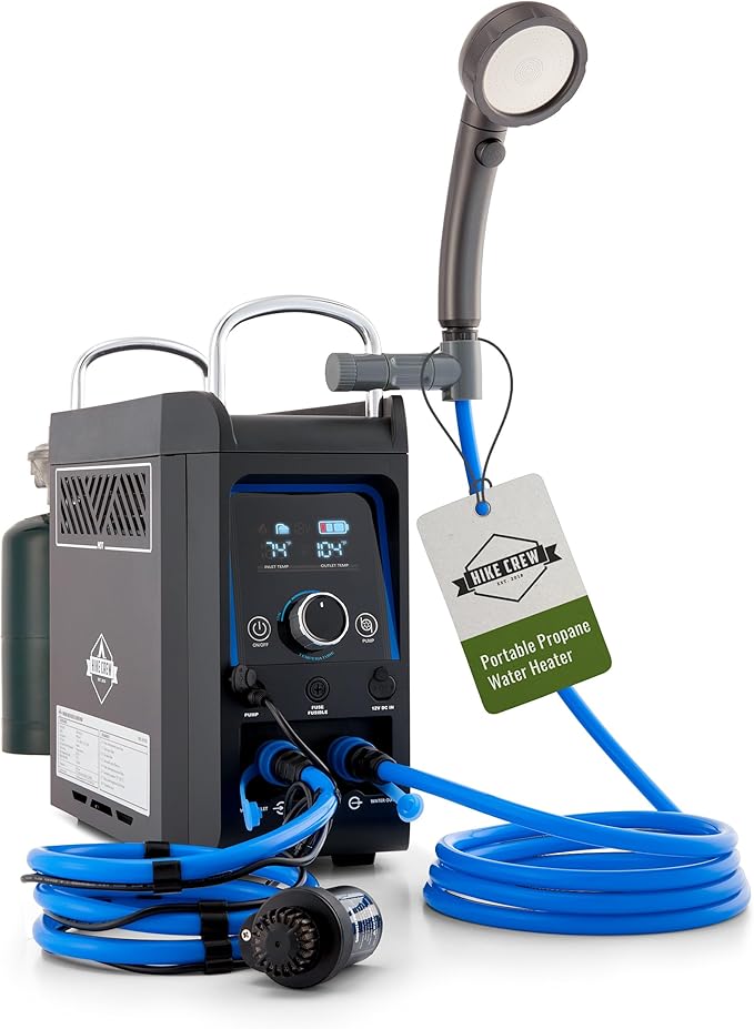 Hike Crew Propane Water Heater & Shower Pump | Rechargeable Portable Outdoor Water System w/Shower Head Attachment for Instant Hot Water While Camping, Hiking, Glamping & Vacationing