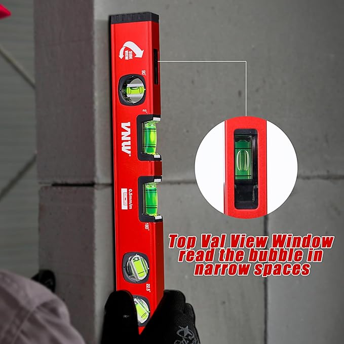 VNW 16-Inch Torpedo Level - 5 High-visibility Bubbles 2°/22.5°/45°/90°/180°,Level Tool with Rubber Endcaps and Aluminium Body, Flat View Viewing Window for Home Outdoor Measurements