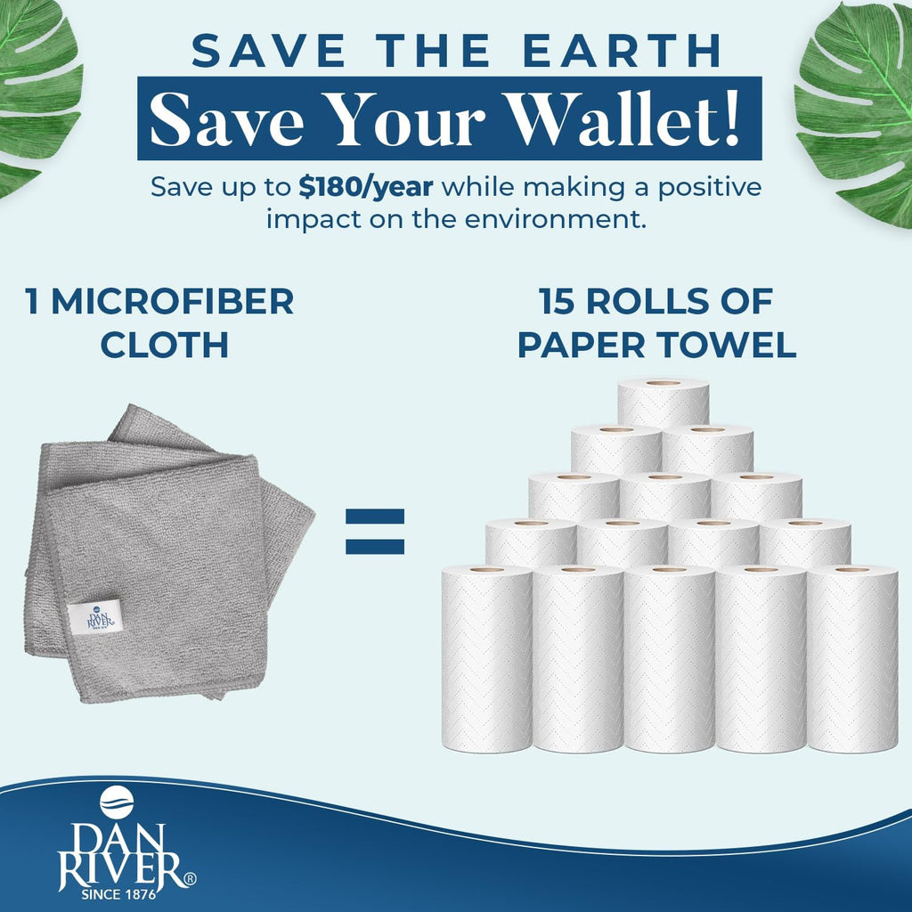 DAN RIVER 24-Pack Microfiber Towels – Ultra Absorbent, lint Free Cloth & Streak-Free for Home, Car & Kitchen - Must-Have Cleaning Essentials - 12" x 12" - Gray White