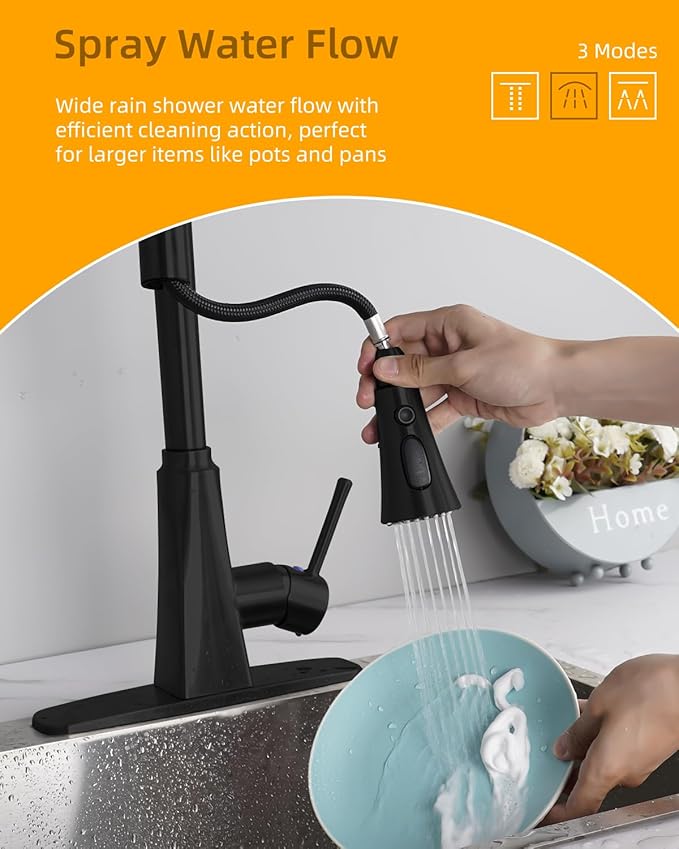 Hibbent Kitchen Sink Faucet Head Replacement, NSF/ANSI/CAN 61 & CUPC Certified, 3-Function Pull Down Sprayer Nozzle with 15 Adapters, Compatible with Delta, Kohler, Moen Faucet, Matte Black