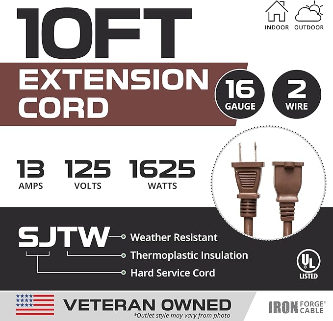 Iron Forge Cable 2 Prong Outdoor Extension Cord 10 ft, 16/2 SJTW 10 Foot Brown Extension Cord, Weatherproof - Great for Outdoor Lights, Deck, Patio