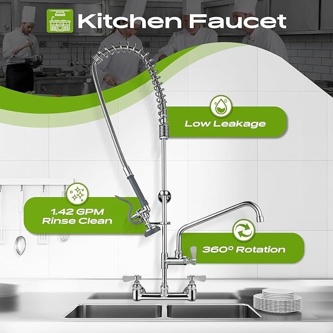 47" Height Commercial Sink Faucet with Sprayer, 8 Inch Center Wall Mount Kitchen Sink Faucet with Down Pre-Rinse Sprayer, Compartment Sink Faucet with 12" Swivel Spout for Restaurant