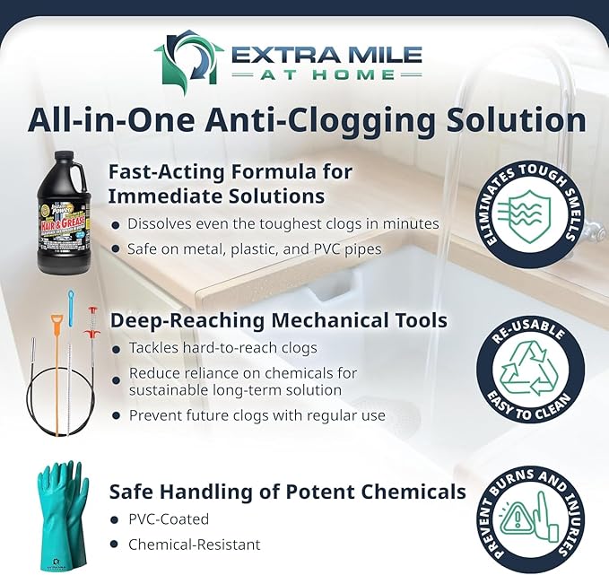 Ultimate Drain Opener Kit, 2 Pack Hair and Grease Remover with Gloves and Drain Cleaning Tools