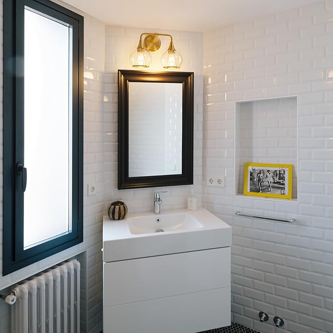 Gold Bathroom Light Fixtures 2-Lights Vanity Lights with Clear Glass Shade Bathroom Vanity Light 14 Inch Wall Sconces(Exclude E26 Bulb)…