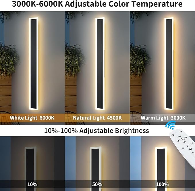 2 Pack 39.3 inch Modern Led Outdoor Wall Light, 3000K-6000K 10%-100% Dimmable Lights for Outside, IP65 Waterproof Wall Sconce Light with Remote Control for Porch,Hallway, Garage,Patio,Stairway,Yard