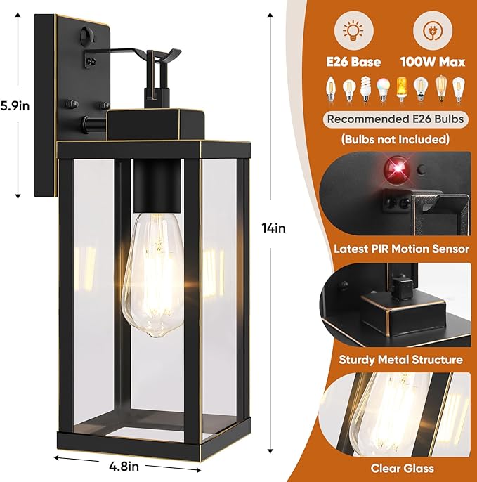 BesLowe 14” Upgraded Motion Sensor Outdoor Wall Lights, Dusk to Dawn Porch Lights Outdoor Wall Sconces, 3 Lighting Modes Exterior Lighting Fixtures with Hooks, Bronze Outside Lights for House, 2-Pack