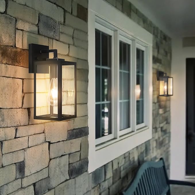 2-Pack Outdoor Wall Light Fixture with Tempered Glass, Exterior Wall Lantern with Easy-to-Clean Design, Waterproof Anti-Rust Wall Sconce for Front Porch, Black, E26 Base