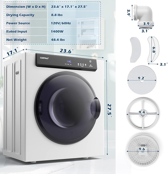 COSTWAY Compact, Touch Panel, 2 Modes, 3 Heating Powers and Adjustable Exhaust Vent, 8.8 LBS Front Load Tumble Laundry Apartment, Dorm and Home, 1400W, White Portable Dryer