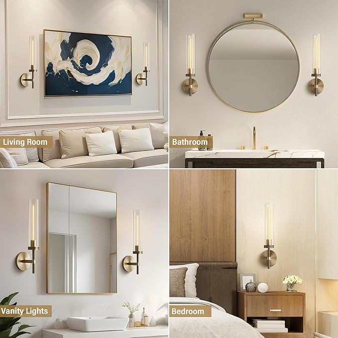 Brass Wall Sconces Set of Two 19.48'' Knurled Texture Indoor Wall Light Fixtures, Bathroom Vanity Light Fixtures with Clear Glass, Modern Wall Lamp for Living Room Hallway (Bulb Included)