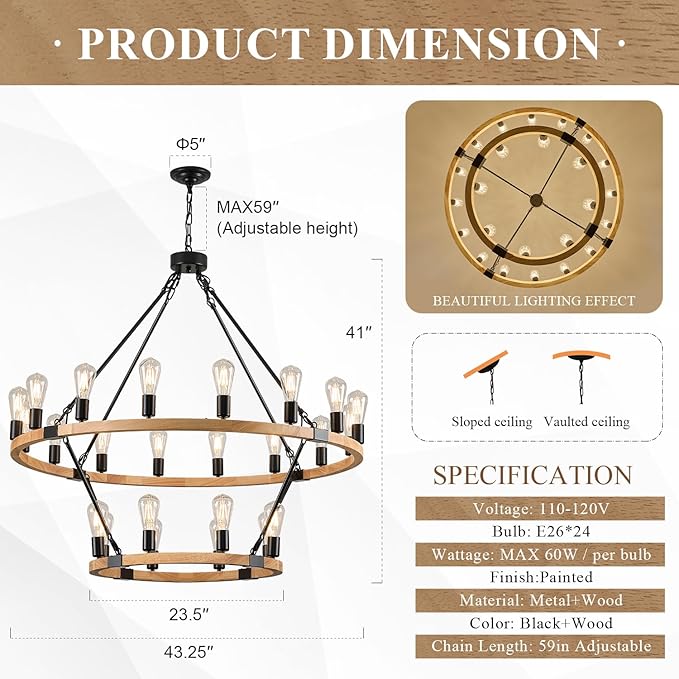 24-Light 2 Tiers Farmhouse Wooden Wagon Wheel Chandelier, 43.3'' Black Metal Round Chandeliers 2-Story Natural Rustic Light Fixtures for High Ceiling Living Dining Room Foyer Villa