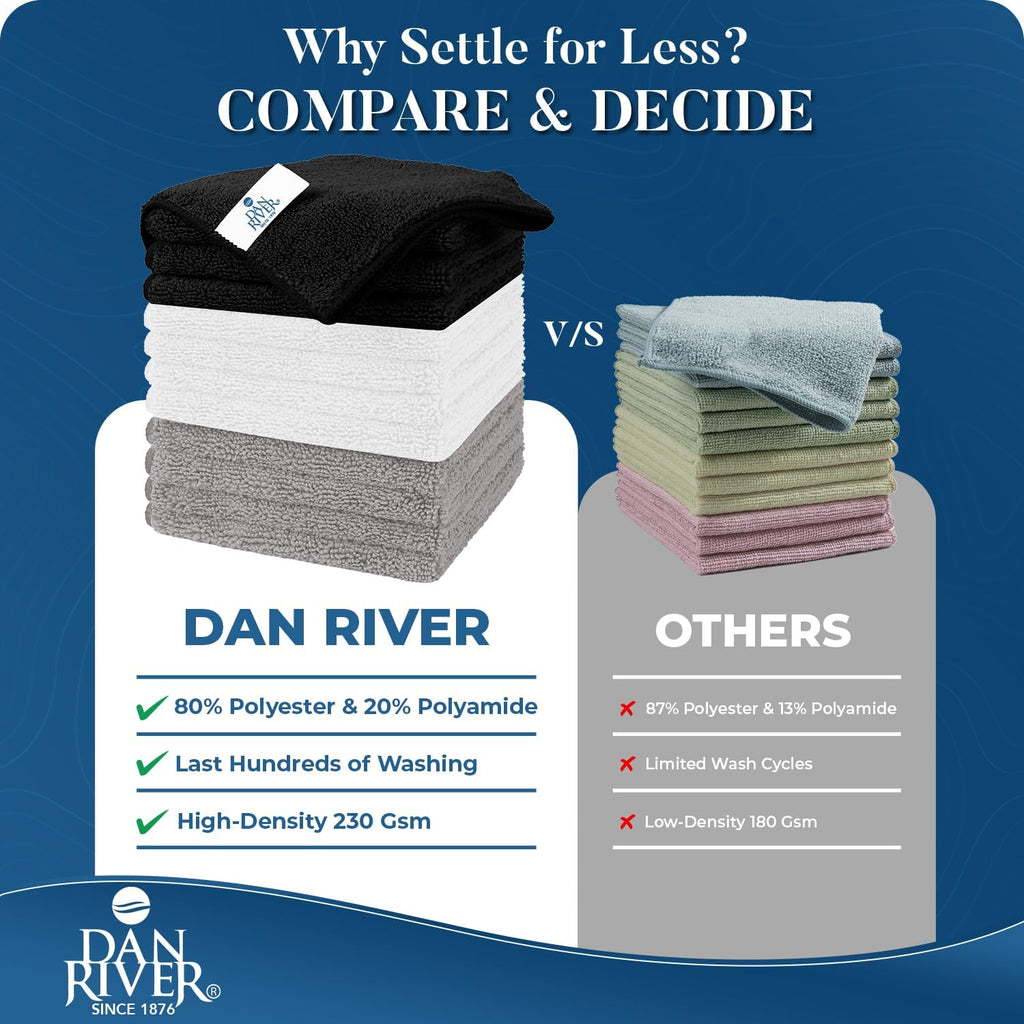 DAN RIVER 24-Pack Microfiber Towels – Ultra Absorbent, Lint-Free & Streak-Free Kitchen Rags Cleaning for Home, & Car - Must-Have Cleaning Essentials - 12" x 12" - Gray White Black