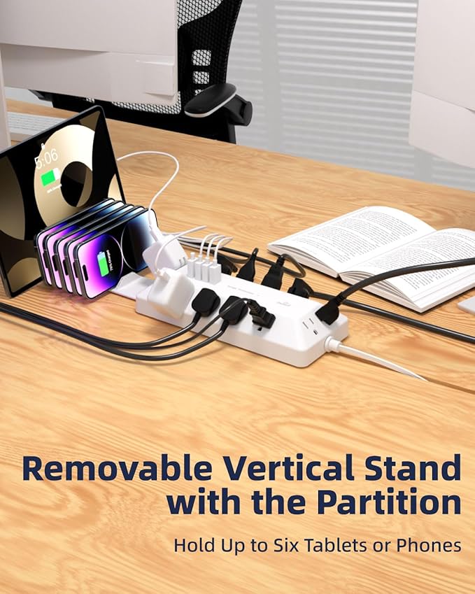 16-in-1 Surge Protector Power Strip with Multi-Function Stand, 6 Outlets with 2 USB-C (20W PD) and 2 USB-A (18W) Ports, 6FT Extension Cord for Home Office Desktop and Dorm (White)