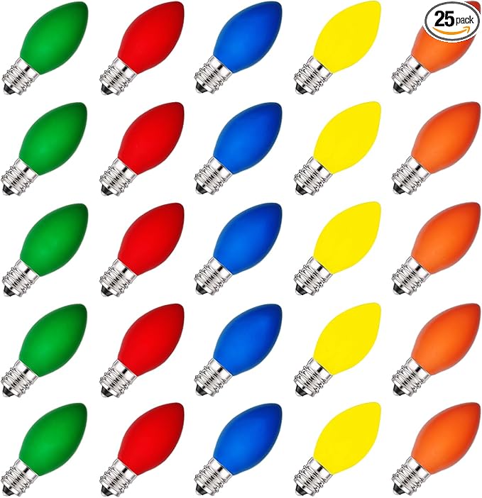 C7 Multicolor Christmas Light Bulbs, 25 Pack C7 Multicolor Ceramic Replacement Bulbs Vintage Incandescent Light Bulb for Christmas String Lights, E12 Candelabra Base- 5 Watts