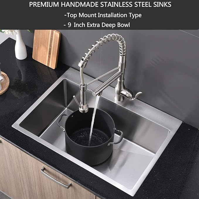 SHACO 28 Inch Drop In Kitchen Sink, Commercial Handmade T304 16 Gauge Stainless Steel Top Mount Sink, 9 Inch Deep Single Bowl Basin Laundry Utility Wet Prep Sink, Fregadero
