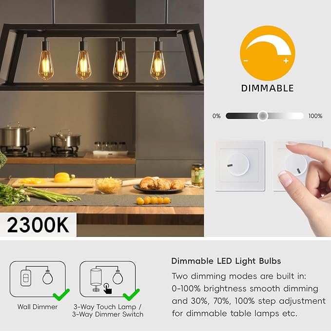 Jensense Edison LED Light Bulbs E26 Bulb 60 watt Equivalent Dimmable Light Bulbs 2300K Warm White (Amber Glass) Vintage 7W Edison Bulbs 110V 120V 800 Lumen CRI90, 8 Pack