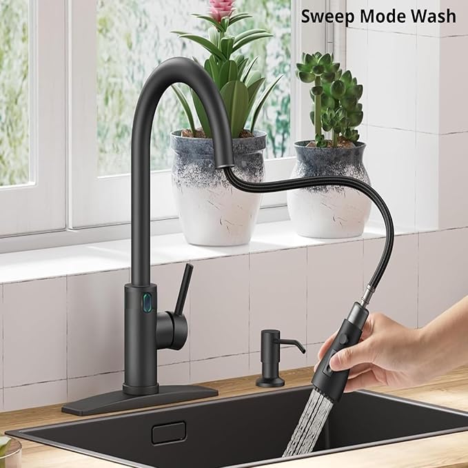 Touch-Less Kitchen Faucet, 3 Modes Pull Down Sprayer, LED Temperature Control,Sensor Activated,Ceramic Valve, 360-Degree Rotation, 1 or 3 Hole Deck Plate. 10-Year Warranty. (KW-78R, Black)