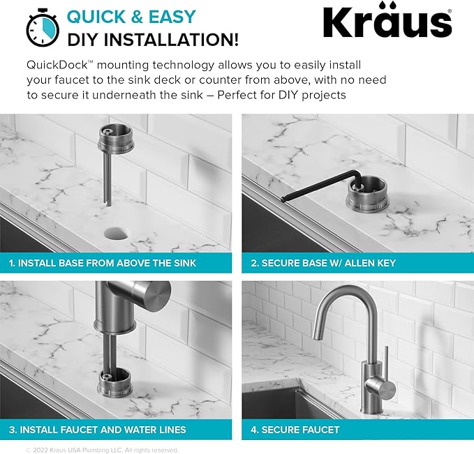 KRAUS Oletto Single Handle Kitchen Bar Faucet with QuickDock Top Mount Assembly in Brushed Brass, KPF-2600BB