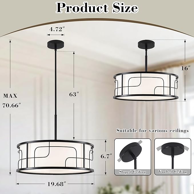 Drum Chandelier - Black and White Linear Design Adjustable Pendant Light for Dining Room, Kitchen Island, Living Room, Foyer (19.68", 5 Lights)