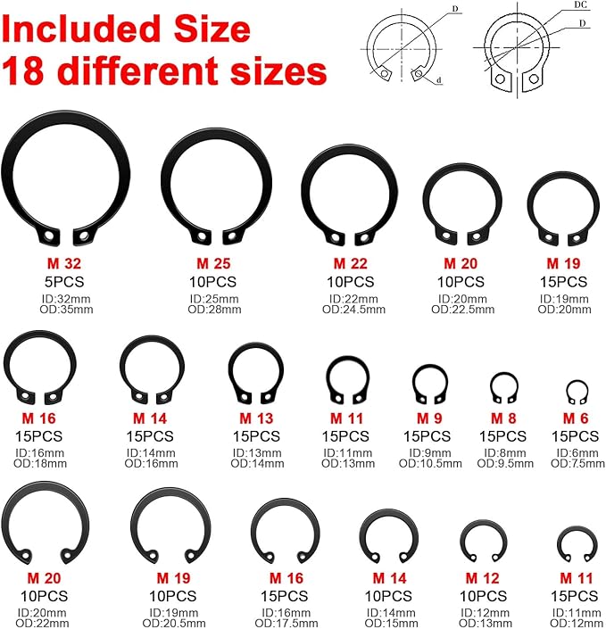 WISEUP Snap Ring Pliers Set With 225pcs Retaining Ring Set, 4PCS-7 inch Circlip Pliers Kit,Straight/Bent Jaw Pliers Tips C-Clip Pliers for Ring Remover with Storage Pouch