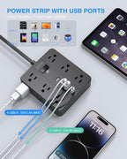 Power Strip Surge Protector, Flat Extension Cord Indoor 20 Feet, HUNIAN 12 Widely Spaced Outlets with 6 USB Charger (2 USB C Ports), Desk Charging Station for Home Office Supplies, Dorm Room, Black