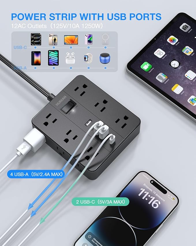 Flat Plug Power Strip Surge Protector, HUNIAN 5 Ft Extension Cord with 12 Widely Spaced Multiple Outlets 6 USB Charger (2 USB C Ports), Desk Charging Station for Home Office Supplies, Black