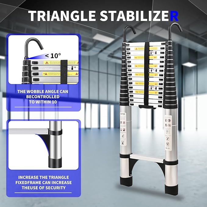 JADDUO 20.3 FT Telescopic Ladder, Aluminium Silver Telescoping Ladder with Non-Slip Feet and Stable Hook, Portable Extension Ladder for Household and Outdoor Working, Heavy Duty 330 lbs Max Capacity