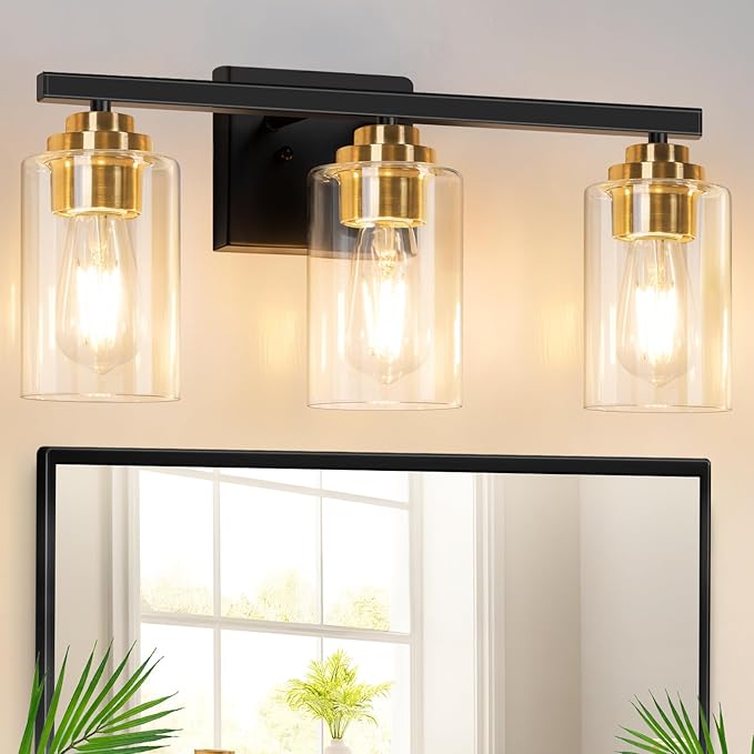 3-Light Bathroom Light Fixtures, 19" Modern Vanity Lights Over Mirror with Clear Glass Shades, Black & Gold Light Fixture, Classic Wall Light Fixture for Mirror Living Room Cabinet Bedroom Porch