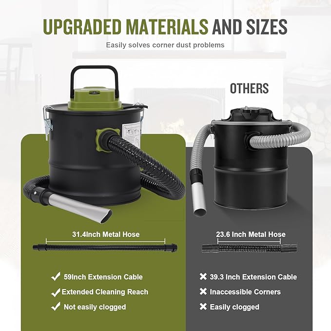 Ash Vacuum Cleaner -2.6 Gallon Fireplace Ash Vac with 800w Powerful Hose Non-Woven Dust Separator | Dry Stove Vacuum for Fireplaces Pellet Grill Wood Stove Fire Pits Green