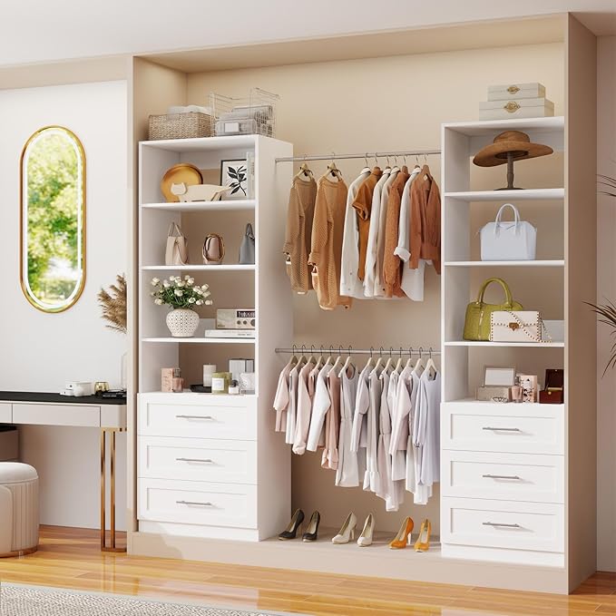 Closet System with Drawers, Wood Closet Organizer System with Adjustable Shelves and Extra Hanging Rod, 81"Tall Closet System for Small Closets, Modular Walk-in Closet System, White (4FT)