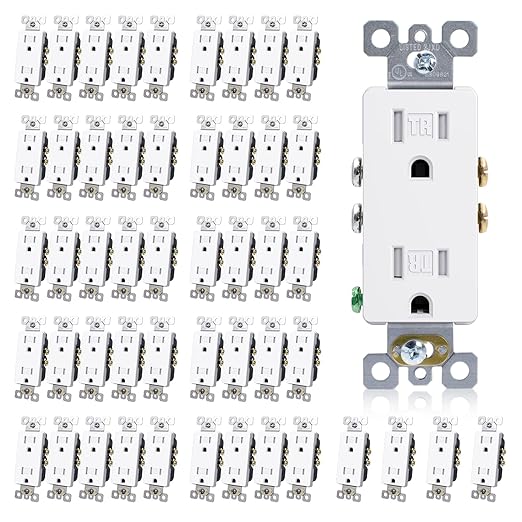 ELEGRP Decorator Wall Receptacle Outlet, Tamper Resistant 15 Amp Standard Electrical Wall Outlet, Residential Grade, Self-grounding, 125V, 2 Pole 3 Wire, 5-15R, UL Listed, Glossy White, 50 Pack