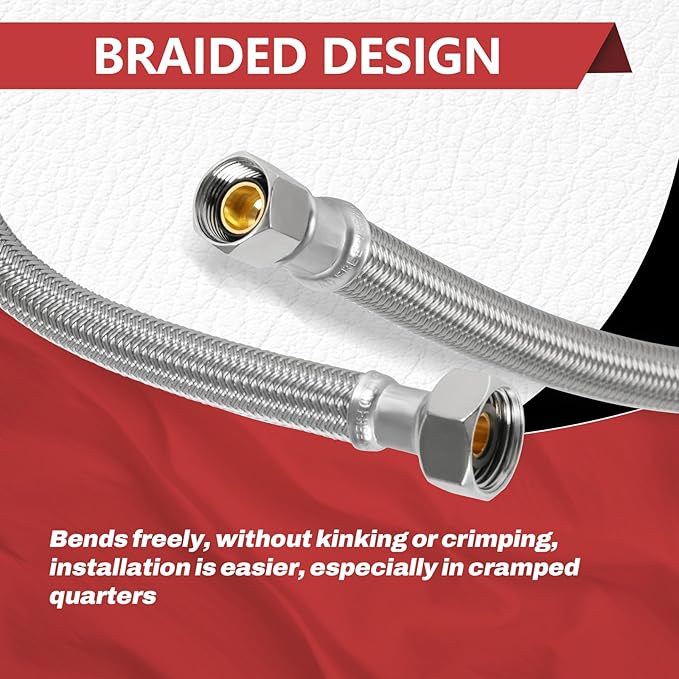 2-Pack EFIELD 16-inch Faucet Supply Lines, 1/2" FIP x 3/8" COMP Faucet Hose, Stainless Steel Braided Supply Line,(HOSE045)