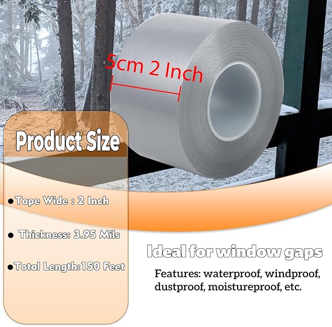 Window Insulation for Winter Weather Sealing Tape 2 Inch x 50 Yards Weather Stripping Residue Free Draft Isolation Sealing Film Tape for Doors Windows and Shower Glass Gaps Gray Color