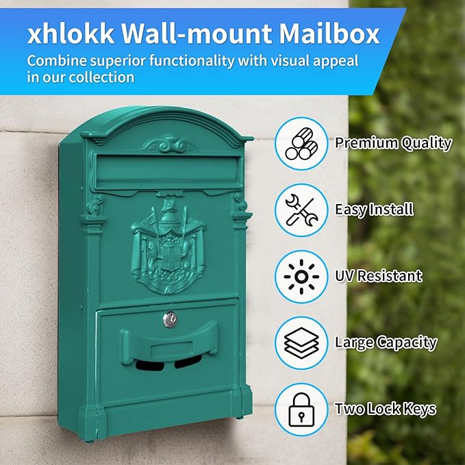 Vintage Wall-Mount Locking Mailbox for House, Rust-Resistant Galvanized Steel Outdoor Mailbox with Key Locks, Green
