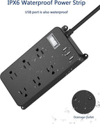 Outdoor Power Strip Weatherproof with USB,Waterproof Surge Protector,3 USB Ports, 6 Outlets,Multi Plug Electrical Outlet for Camping,Garden,Home Office Patio Porch,etc,15FT Cord,Flat Plug