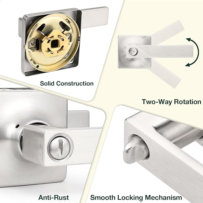 GOBEKOR 4 Pack Privacy Door Levers Brushed Nickel Interior Door Handles with Lock Square Lever Door Handles for Bedroom Bathroom Modern Privacy Lever Door Hardware