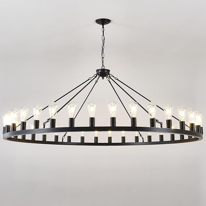 Large black wagon wheel chandelier 64 inch,36-Light Farmhouse wagon Wheel Chandeliers Round Industrial ceiling light fixtures for outdoor porch high ceilings Living Dining Room Foyer Entryway
