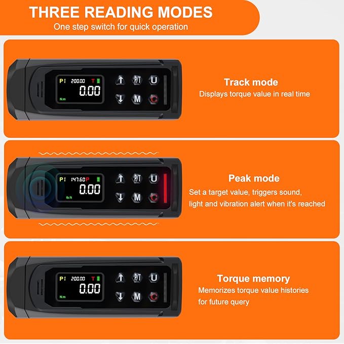 Digital Torque Wrench 1/2 Drive with Carbon Fiber Body, 2.2-147.5 Ft.lb Range, ±1% Accuracy with Vibration, Buzzer and LED Alert, Suitable for Car, Motorcycle and Bicycle
