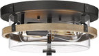 EAPUDUN Farmhouse Ceiling Light, Wooden Flush Mount Ceiling Light Fixtures with Clear Glass Shade, Retro 2-Light Ceiling Lamp for Hallway Entryway Bedroom Kitchen Dining Room FMA1443-FBDT