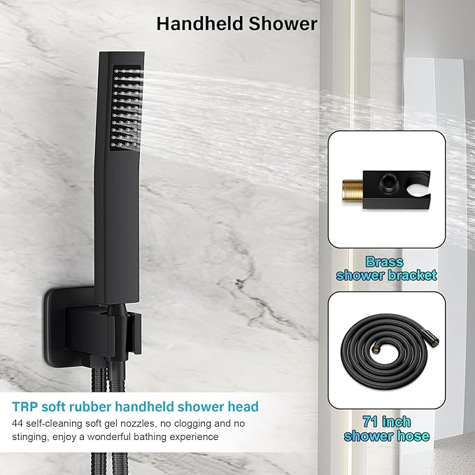 Black Shower Faucet Set, Rainfall Shower System with Square Shower Head and Handle Set, Wall Mounted Shower Fixtures, Full Metal Trim Repair Kit 8 inch Matte Black (With Shower Valve)