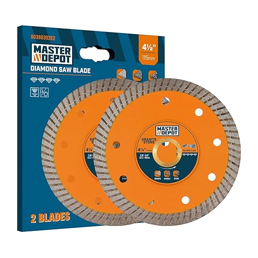 4.5 Inch Diamond Blade for Granite, Ceramic, Marble, Stone and Hard Bricks, Super Thin Turbo Rim Design for Angle Grinders and Handheld Saws, Dry and Wet Use, 7/8"-5/8" Arbor (2 PCS)