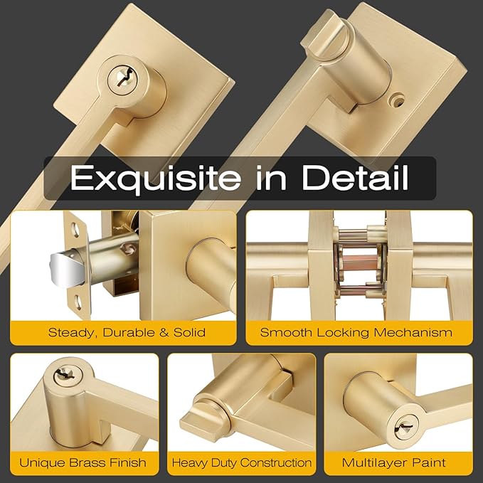 EHOMEWARE 10 Pack Gold Door Handle - Keyed Different, Entry Door Lock with Keys for Living Room or Bedroom, Satin Brass Interior Door Knob with Keys