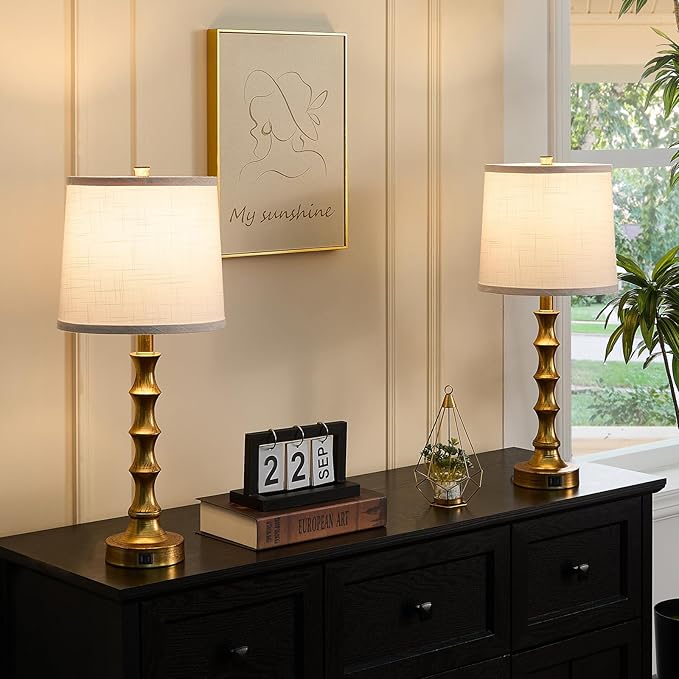 Gold Table Lamp 24" Nightstand Lamps Set of 2 Bamboo Shape Base Metal Desk Lamps with Linen White Shade Bedside Nightlight with USB A+C Ports Rustic Buffet Lamp for Living Room Bedroom
