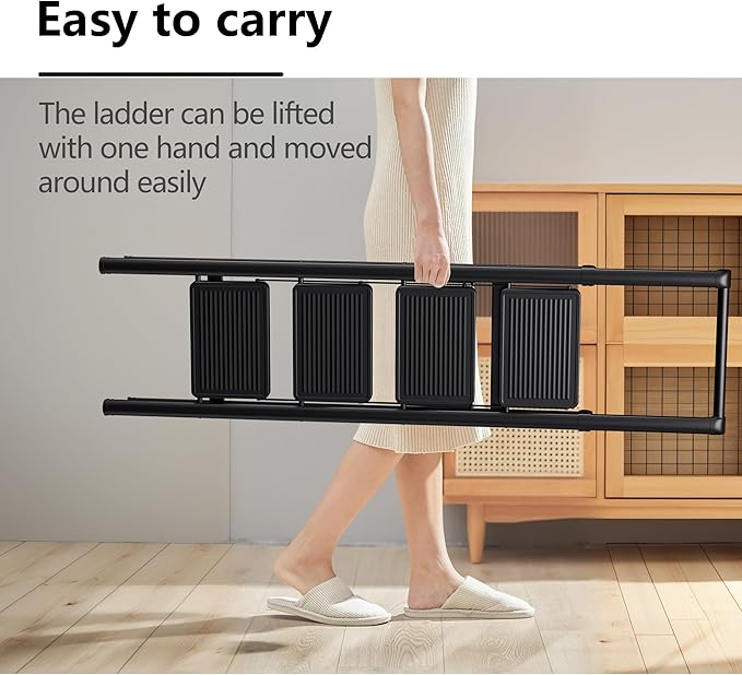 Step Ladder 4 Step Folding Stool with Anti-Slip Widened Sturdy Pedal and Handgrip, Portable and Multi-Use Iron Stepladder for Home, Kictchen, 300 lbs Capacity -Black